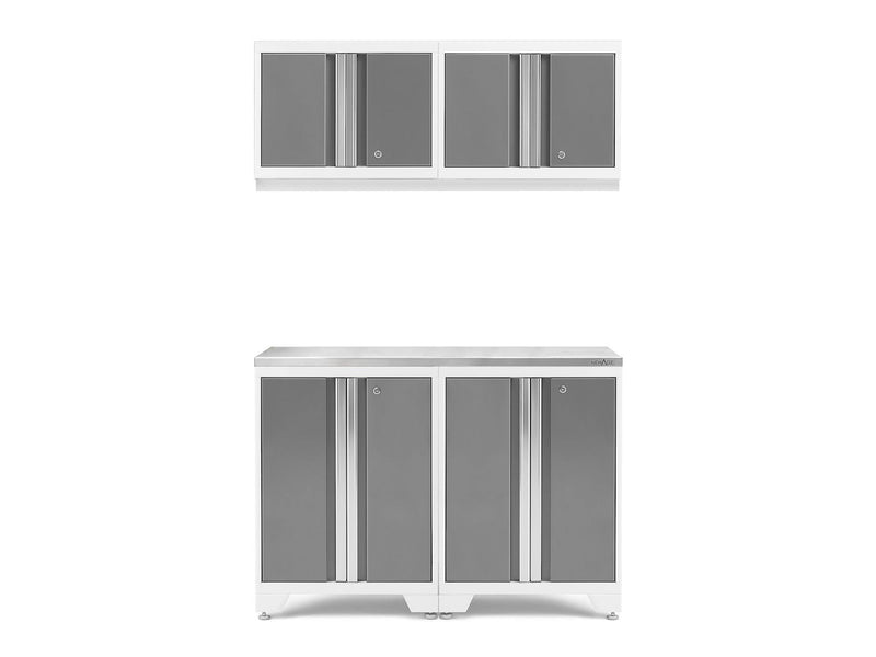 Bold 3.0 Series All-in-One Lockable Steel Garage Cabinetry Set with Stainless Steel Top, White/Platinum, 48-in x 18-in x 76.75-in, 5-pc U5628