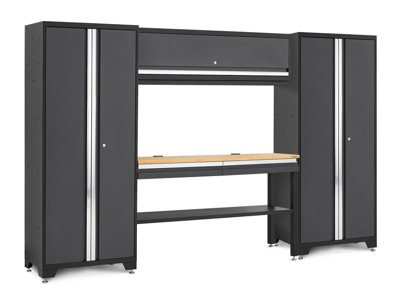 Bold 3.0 Series Lockable Steel Garage Cabinetry Set with Bamboo Top, Grey, 120-in x 18-in x 72-in, 5-pc A8600
