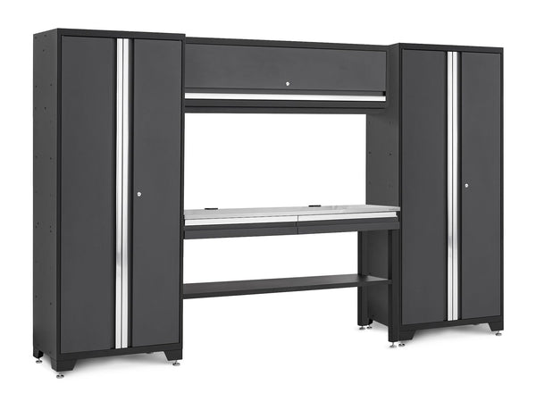 Bold 3.0 Series Lockable Steel Garage Cabinetry Set with Stainless Steel Top, Grey, 120-in x 18-in x 72-in, 5-pc E9520