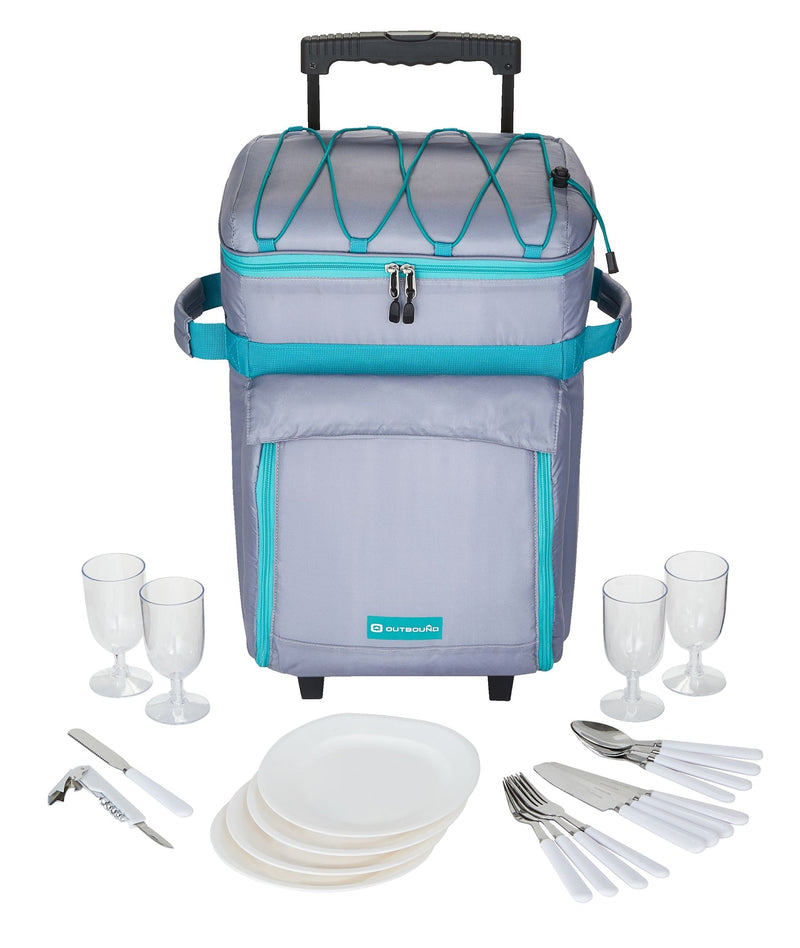 Wheeled Picnic Cooler with 21-Piece Cutlery/Plate Set, 18-Can Y6932