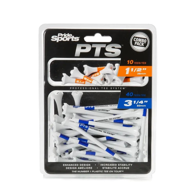 Pride Evolution Plastic Golf Tee Combo Pack, Assorted Sizes, 40-pk, White, 1-1/2-in & 3-1/4-in F5457