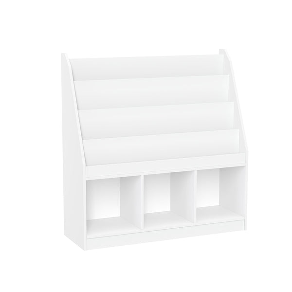 Home Kids' Playroom Bookrack with 3 Toy Organizer Cubbies & 4 Book Shelves, White D3336