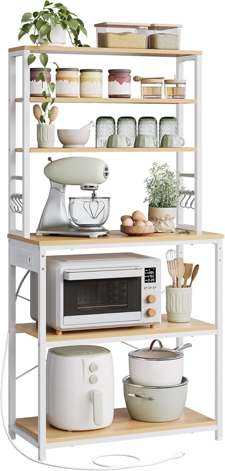 Home Oak/White Baker's Rack with 4 AC Outlets Q0476