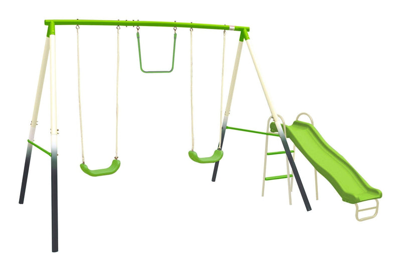 Outdoor 4-Station Metal Swing Set Combo with 2 Swings, Trapeze & Slide, Ages 3+ D1316