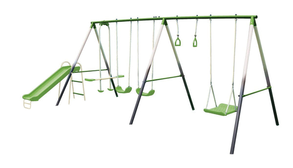 Outdoor 7-Station Metal Swing Set Combo with 2 Swings, Trapeze & More, Ages 3+ K5566