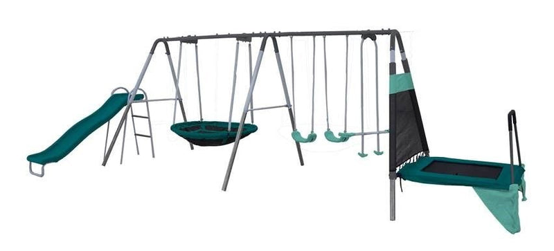 Outdoor Ravine Metal Swing Set Combo, 2 Swings, Glider, Trampoline & Saucer J2439