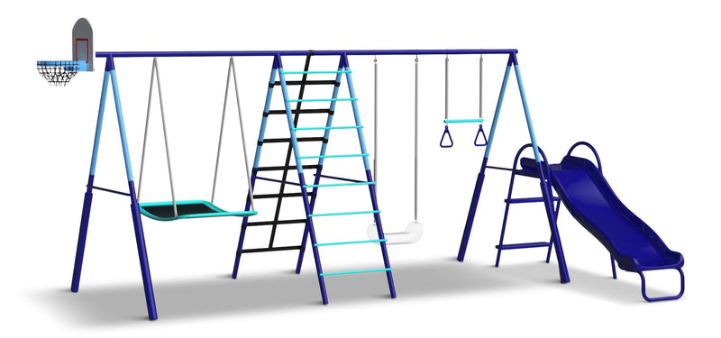 Sunset Slam Kids' 7-Station LED Metal Swing Set Combo with Basketball Hoop & Slide I4335