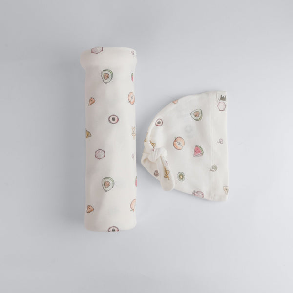 Fruit Print Premium Organic Cotton Blanket and Beanie Set V8731