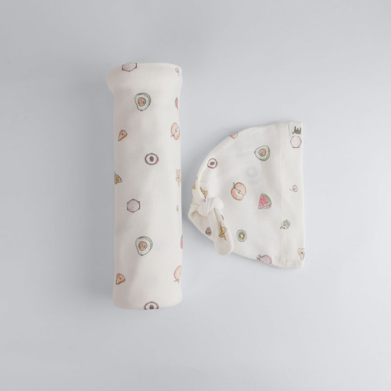 Fruit Print Premium Organic Cotton Blanket and Beanie Set V8731