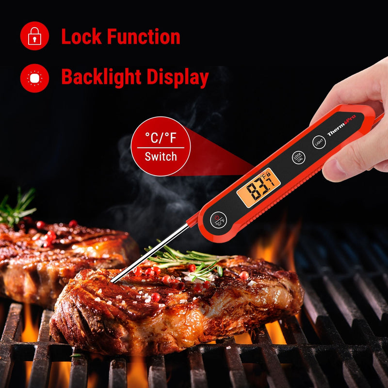 Waterproof Digital Instant-Read Folding Meat Thermometer with Swivel Probe, Black/Red F9792