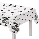 True to Your School "Congrats Grad" Rectangle Plastic Reusable Table Cover, Black/White, 54x84-in, for Graduation