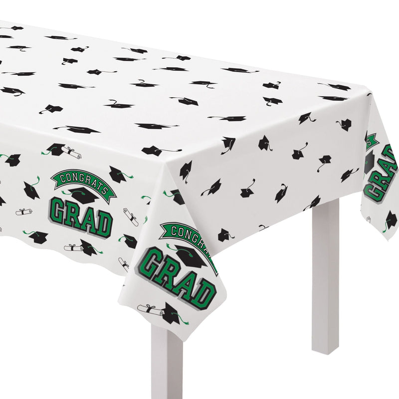 True to Your School "Congrats Grad" Rectangle Plastic Reusable Table Cover, Green, 54x84-in, for Graduation C6538