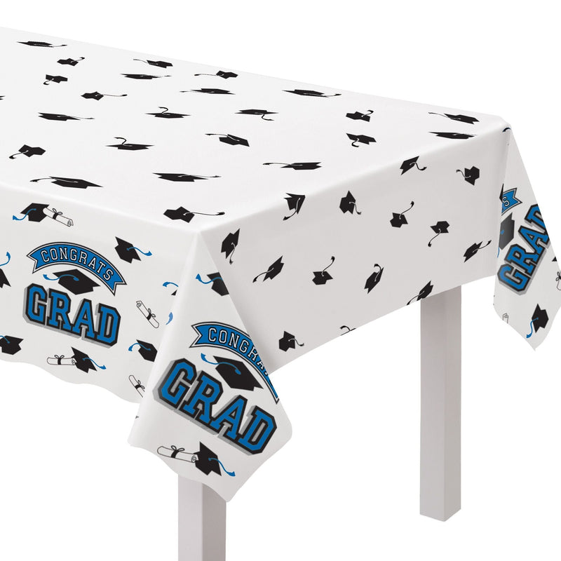 True to Your School "Congrats Grad" Rectangle Plastic Reusable Table Cover, Navy, 54x84-in, for Graduation I8722