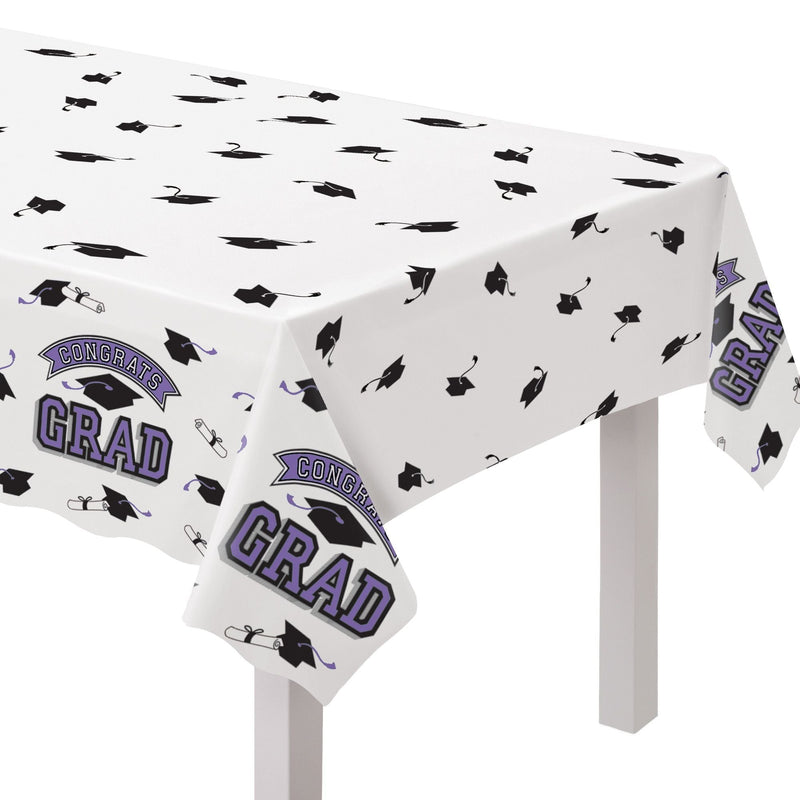 True to Your School "Congrats Grad" Rectangle Plastic Reusable Table Cover, Purple, 54x84-in, for Graduation Q7741