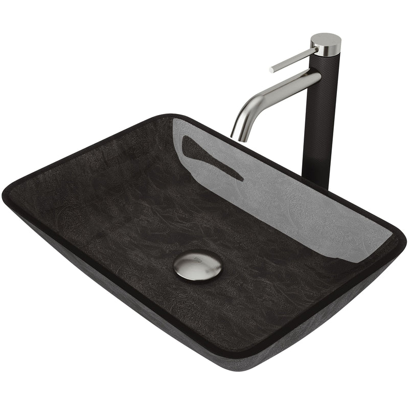 Glass Grey Onyx Bathroom Sink/Basin Set with Lexington Faucet and Rectangular Vessel N5309