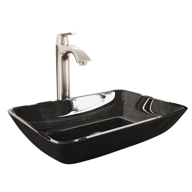 Glass Grey Onyx Bathroom Sink/Basin Set with Linus Faucet and Rectangular Vessel V7291