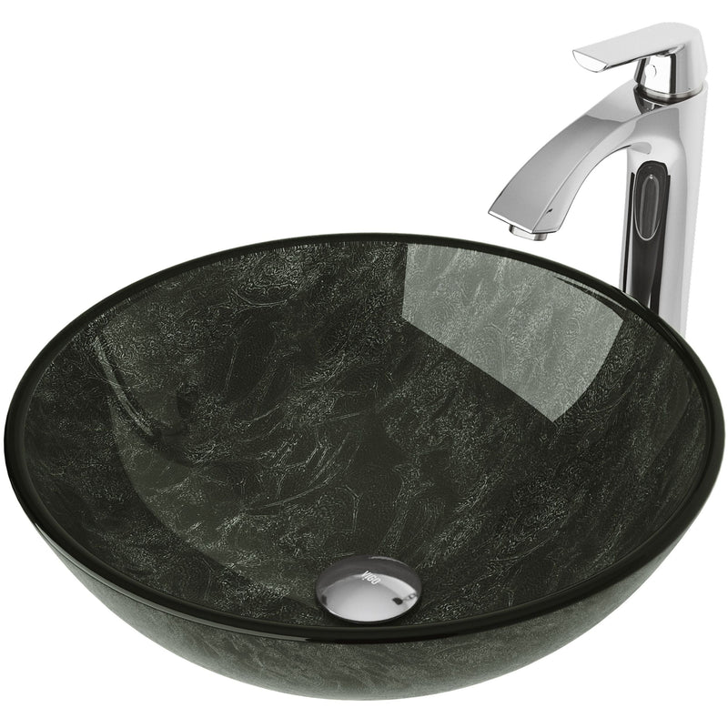 Glass Grey Onyx Bathroom Sink/Basin Set with Linus Faucet and Round Vessel H0603