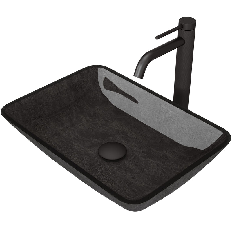Glass Grey Onyx Bathroom Sink/Basin Set with Matte Black Lexington Faucet and Rectangular Vessel Q5540