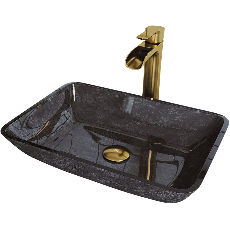 Glass Grey Onyx Bathroom Sink/Basin Set with Matte Gold Niko Faucet and Rectangular Vessel W7733