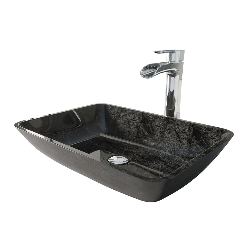 Glass Grey Onyx Bathroom Sink/Basin Set with Niko Faucet and Rectangular Vessel F2234