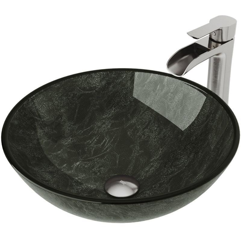 Glass Grey Onyx Bathroom Sink/Basin Set with Niko Faucet and Round Vessel D8781
