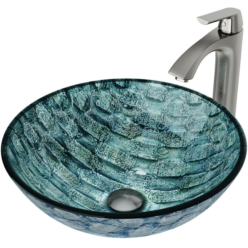 Glass Oceania Blue Bathroom Sink/Basin Set with Linus Faucet and Round Vessel I9645