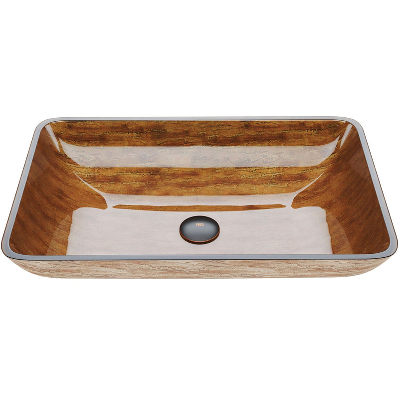 Glass Rectangular Vessel Bathroom Sink/Basin with Rounded Edges & Deep Bowl, Amber Sunset V1220