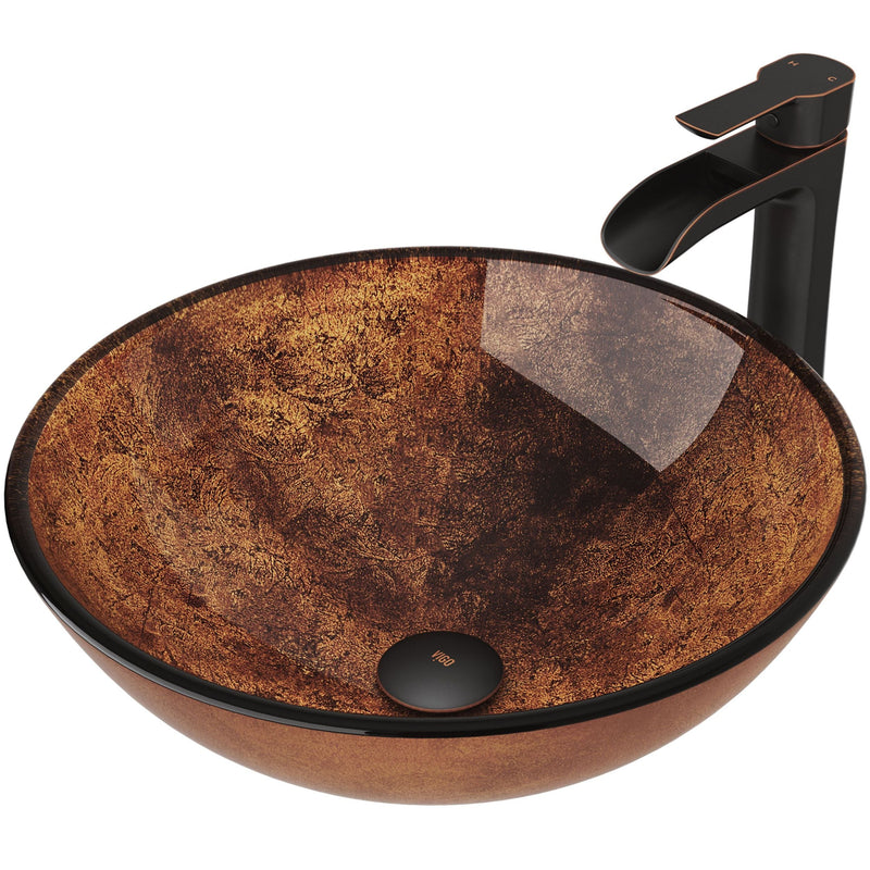 Glass Russet Brown Bathroom Sink/Basin Set with Niko Faucet and Round Vessel G2522
