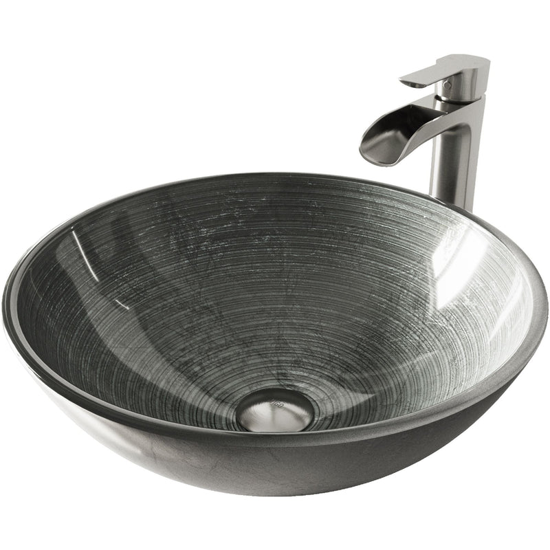 Glass Simply Silver Bathroom Sink/Basin Set with Niko Faucet and Round Vessel Y1267