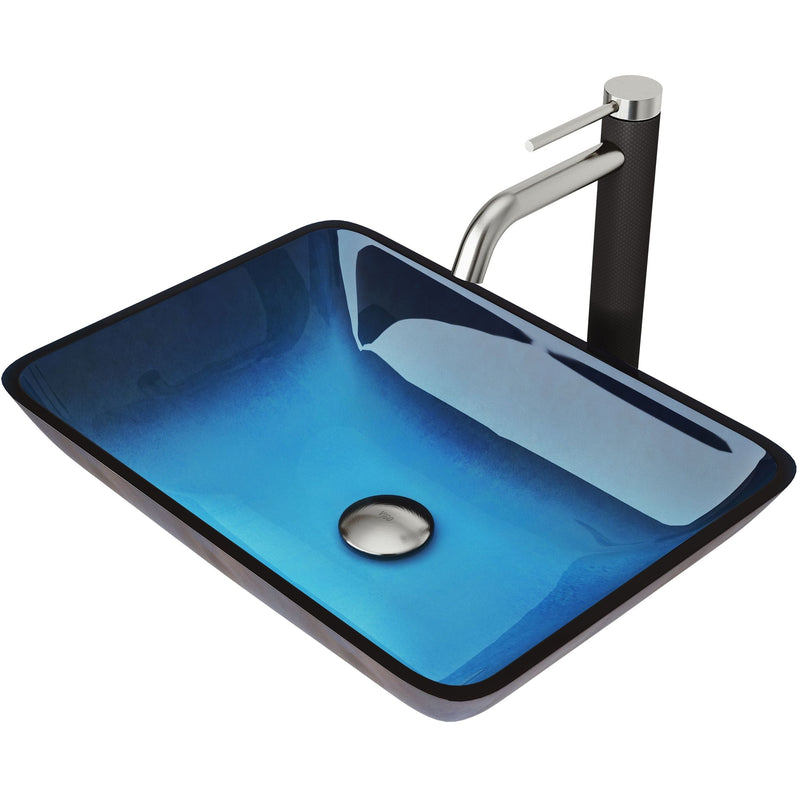 Glass Turquoise Water Bathroom Sink/Basin Set with Lexington Faucet and Rectangular Vessel S4101