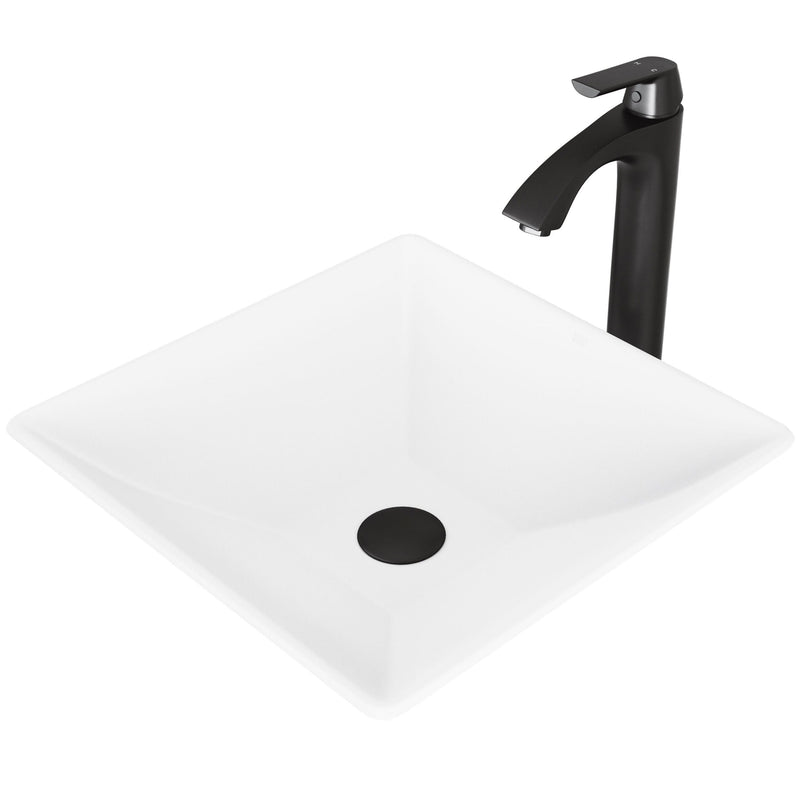 Hibiscus White Bathroom Sink/Basin Set with Linus Faucet and Square Composite Vessel H7106
