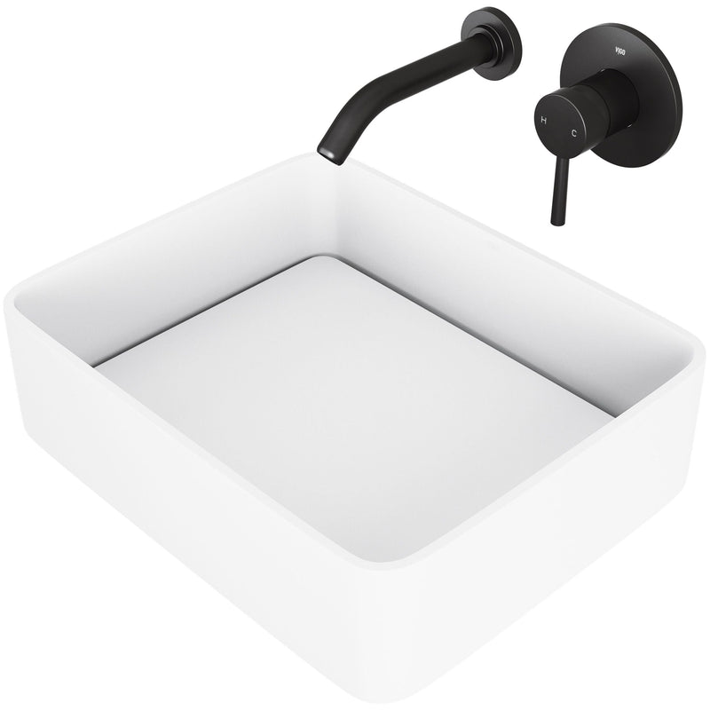 Jasmine White Bathroom Sink/Basin Set with Olus Wall Mount Faucet and Rectangular Composite Vessel B4023