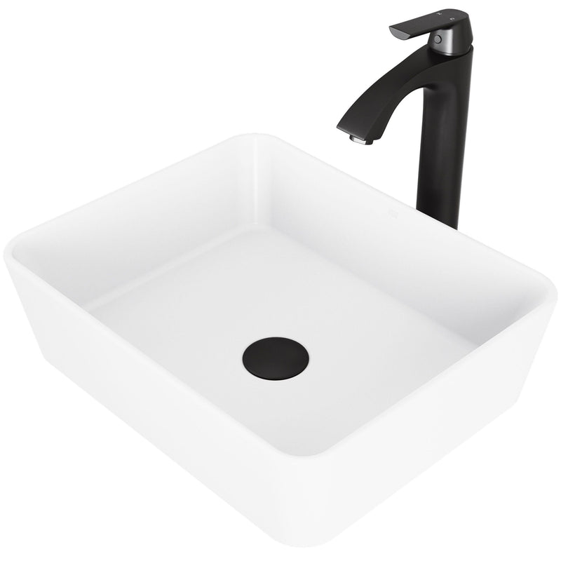 Marigold White Bathroom Sink/Basin Set with Matte Black Linus Faucet and Rectangular Composite Vessel X8927