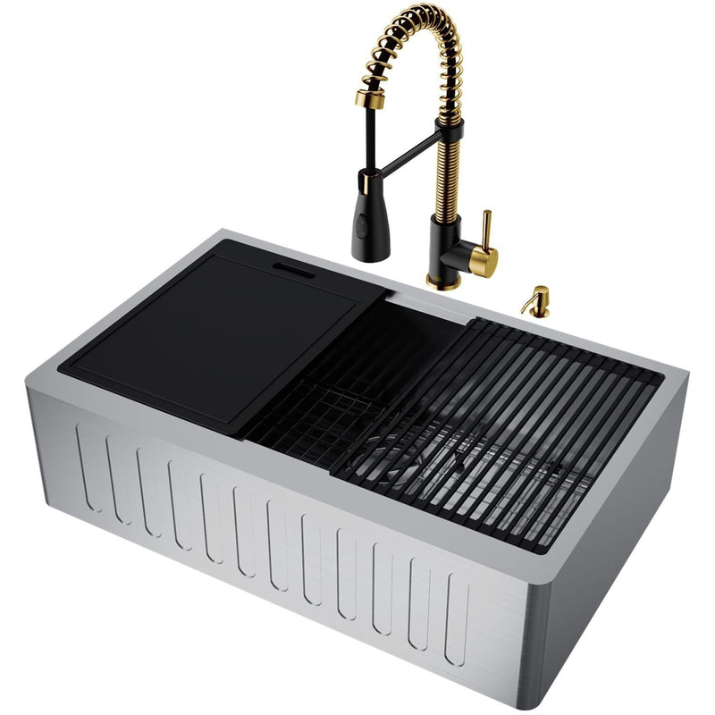 Oxford 33-in Single-Bowl Gold/Black Farmhouse Sink with Brant Faucet K5984