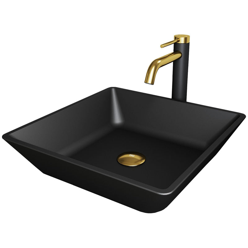 Roma Matte Black Bathroom Sink/Basin Set with Lexington Faucet and Glass Square Vessel D1108