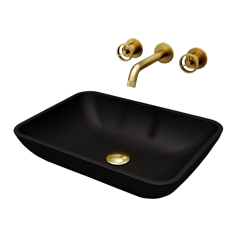 Sottile Matte Black Bathroom Sink/Basin Set with Cass Wall Mount Faucet and Glass Rectangular Vessel Y5230