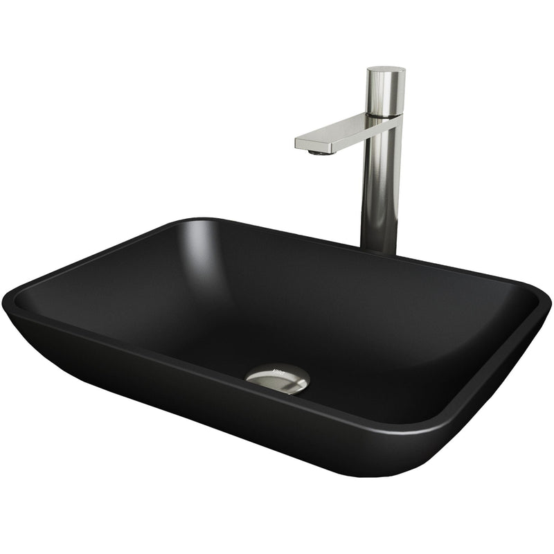 Sottile Matte Black Bathroom Sink/Basin Set with Gotham Faucet and Glass Rectangular Vessel A2660