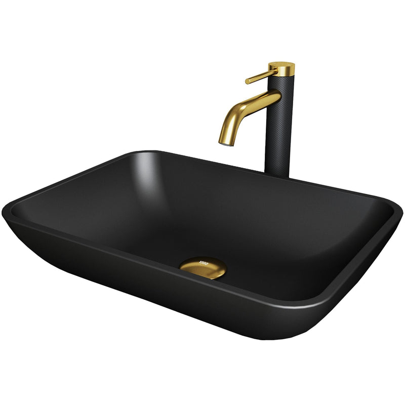 Sottile Matte Black Bathroom Sink/Basin Set with Lexington Faucet and Glass Rectangular Vessel H5648