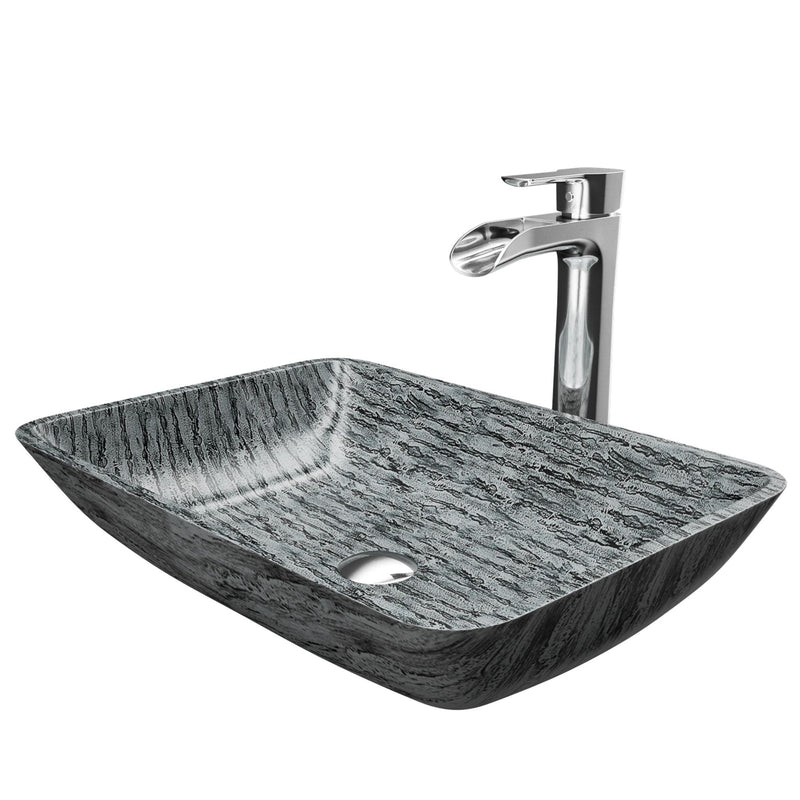 Titanium Glass Slate Grey Bathroom Sink/Basin Set with Niko Faucet and Rectangular Vessel D0530