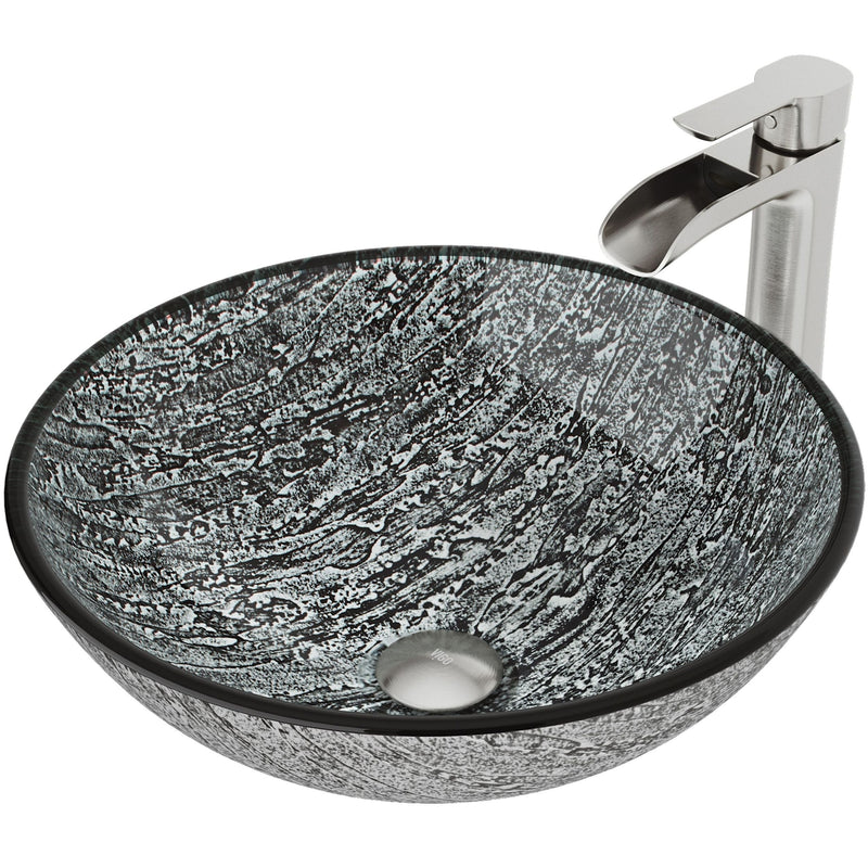 Titanium Glass Slate Grey Bathroom Sink/Basin Set with Niko Faucet and Round Vessel D6701