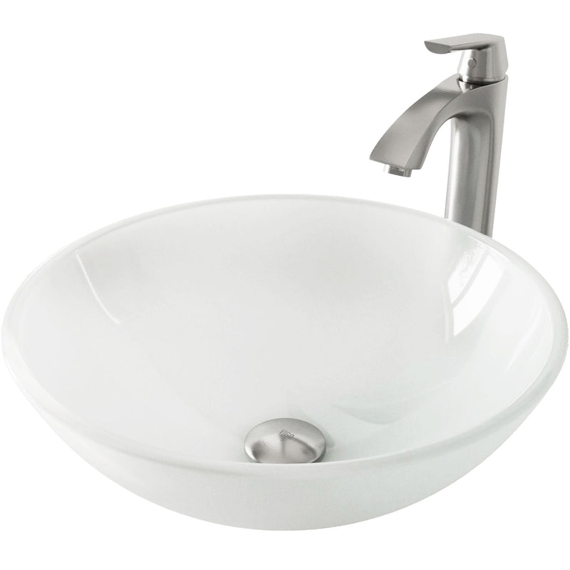 White Frost White Bathroom Sink/Basin Set with Linus Faucet and Round Glass Vessel O4428
